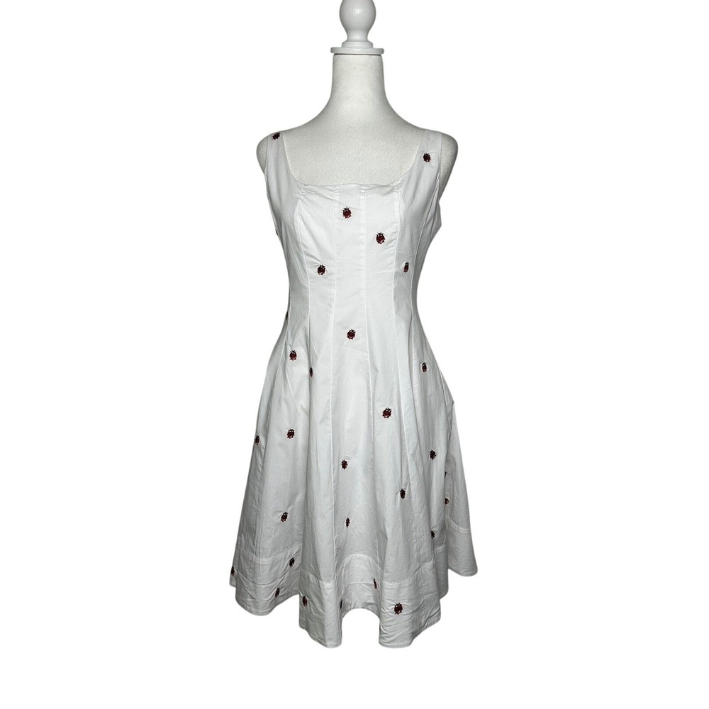 STAUD Womens White Embroidered Ladybug Fit and Flare Midi Dress Size 6